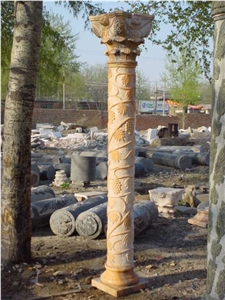 White Limestone Column with Green Marble Carved Base and Capital