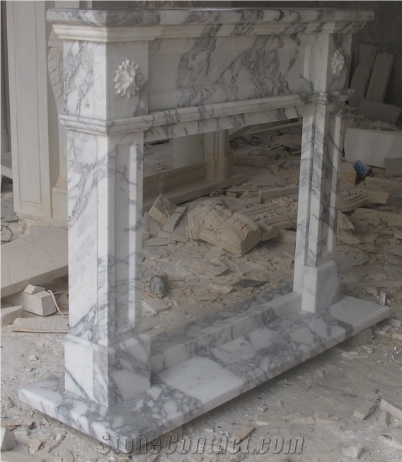 White Marble Fireplace, Italian Arabescato,Western, Fireplace Mantel