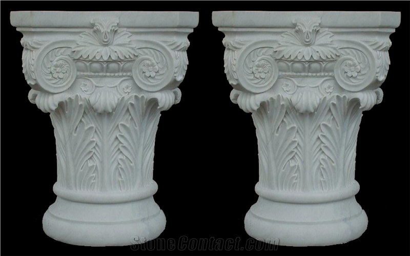 White Marble Handcarved Building Column Capitals, Sculptured Pilasters