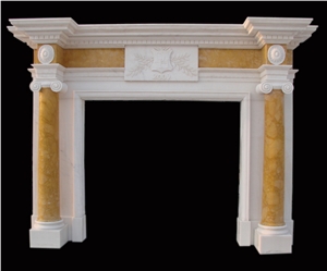 White Marble Handcarved Fireplace Mantel Inlay with Beige Marble