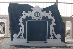 White Marble Handcarved Fireplace Mantel Inlay with Black Marble