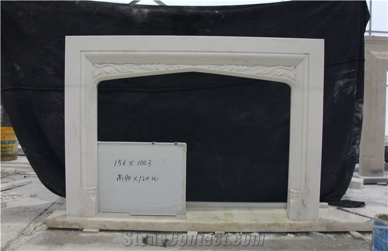White Marble Handcarved Fireplace Mantel Inlay with Black Marble