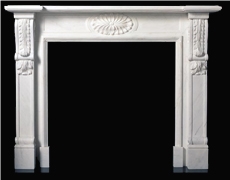 White Marble Handcarved Fireplace Mantel, Western Sculptured Fireplace