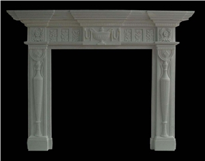 White Marble Handcarved Fireplace Mantel, Western Sculptured Fireplace