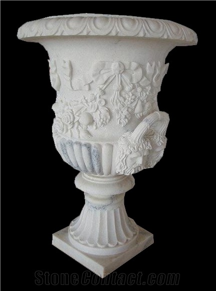 White Marble Handcarved Flower Pot,Western Style Sculptured Garden Pot