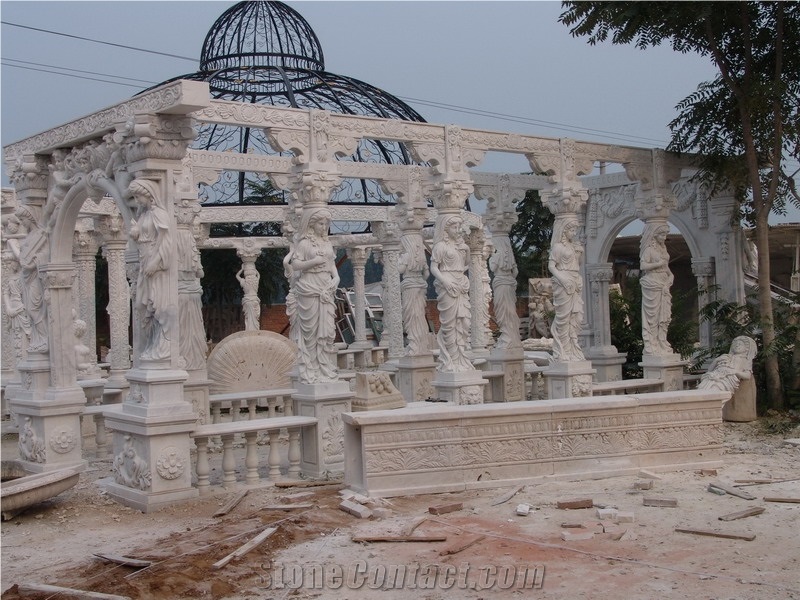 White Marble Handcarved Garden Gazebo, Western Style Sculptured Gazebo