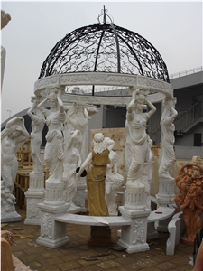 White Marble Handcarved Outdoor Gazebo, Western Sculptured Gazebo