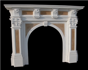 White Marble Handcarved Sculptured Fireplaces Mantel, Western Style