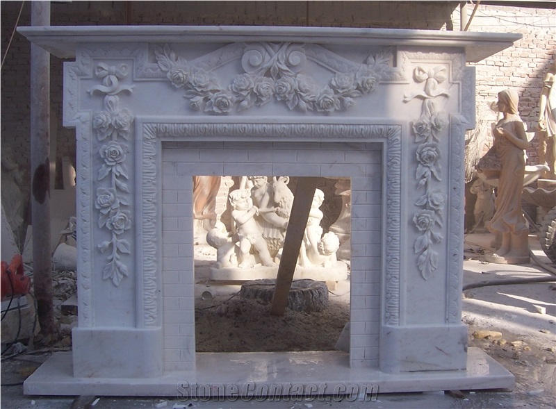 White Marble Handcarved Western Style Stone Fireplace Mantel