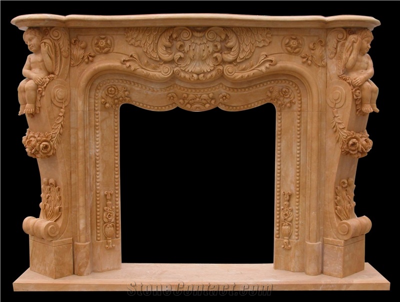 Yellow Marble Handcarved Fireplaces Mantel, Western Style Fireplace