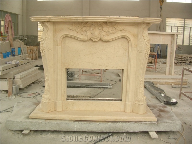 Beige Marble Fireplace Flower Handcarved Fireplace Mantel