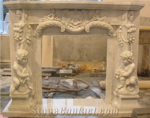 Beige Marble Fireplace Flower Handcarved Fireplace Mantel