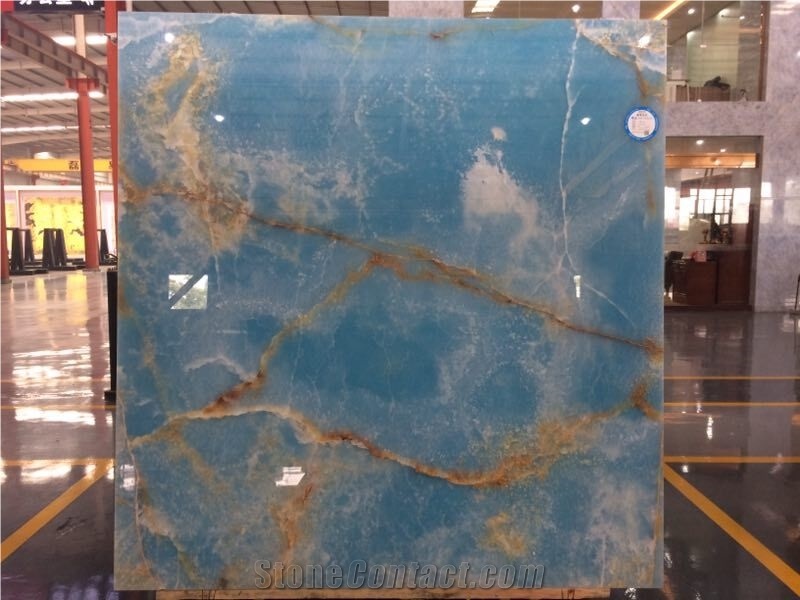 Bookmatched Polished Blue Onyx Slabs for Wall Panels