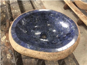 Fantasy Blue Granite Mosaic Sinks,River Stone Wash Basin for Bathroom