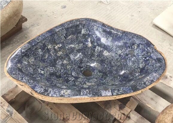 Fantasy Blue Granite Mosaic Sinks,River Stone Wash Basin for Bathroom