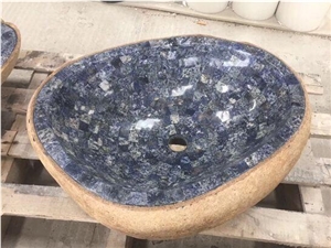 Fantasy Blue Marble Bath Basins,Marble Mosaic Vessel Sinks,Wash Bowls