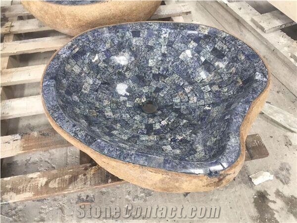 Fantasy Blue Marble Bath Basins,Marble Mosaic Vessel Sinks,Wash Bowls