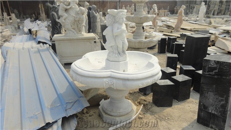 Hand Carved Beige Marble Human Sculptured Stone Garden Small Fountain