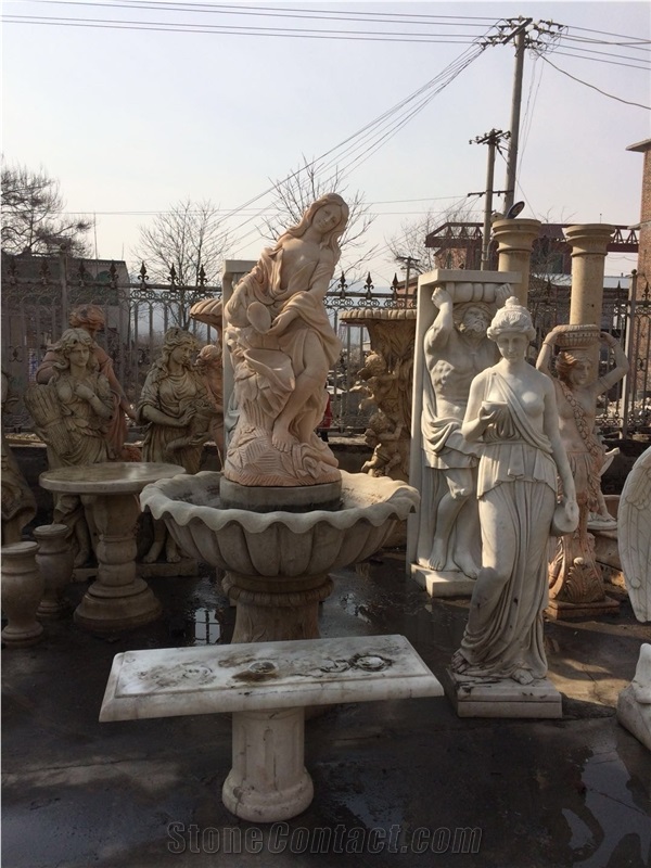 Hand Carved Beige Marble Human Sculptured Stone Garden Small Fountain