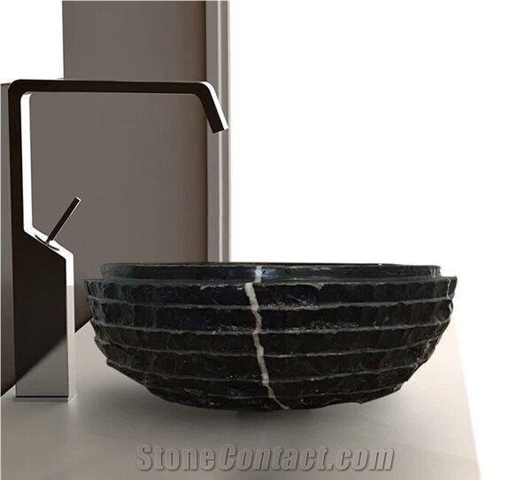 Natural Nero Marquine Marble Sink,Black Marble Wash Bowls Round Basins