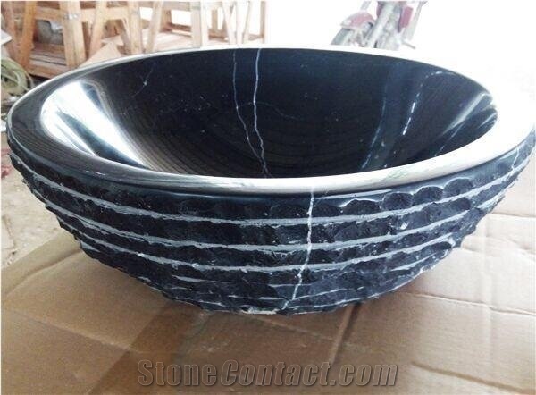 Nero Marquina Marble Round Polished Washbasin for Kitchen and Bathroom