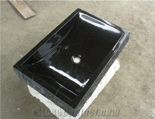 Nero Marquina Vessel Sink,Black Marble Rectangle Basin for Bathroom
