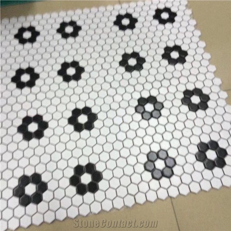 Volakas White Marble with Chinese Nero Marquina Black Hexagon Mosaic