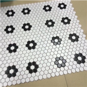 Volakas White Marble with Chinese Nero Marquina Black Hexagon Mosaic