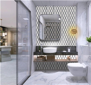 White and Grey Marble Polished Hexagon Mosaic Wall Tile for Bethroom