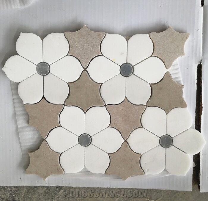 White&Brown Marble Water-Jet Mosaic Tiles,Flower Mosaic Pattern Design