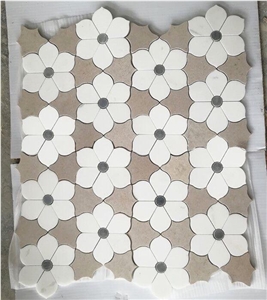 White&Brown Marble Water-Jet Mosaic Tiles,Flower Mosaic Pattern Design