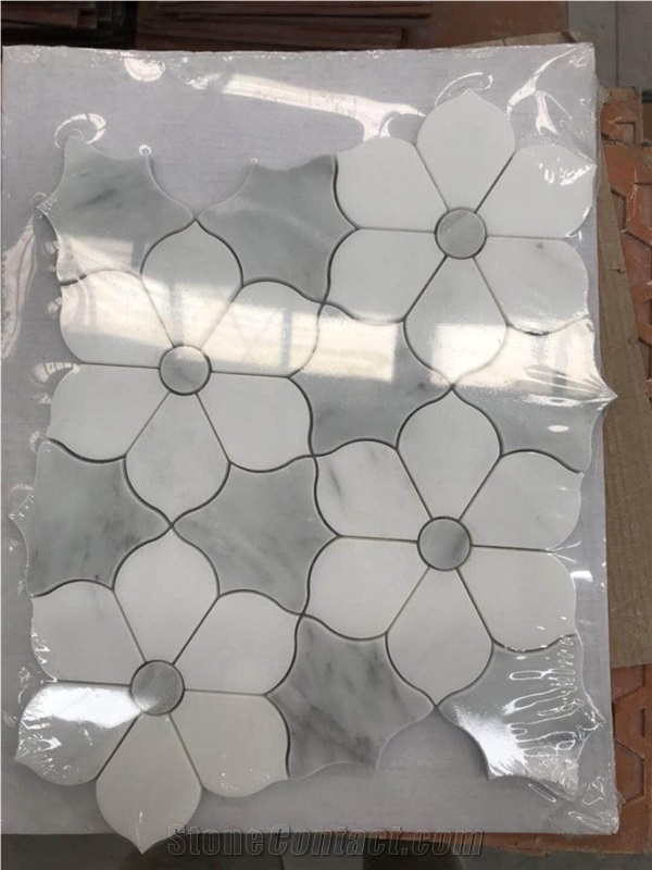 White&Grey Marble Water-Jet Mosaic Tiles,Flower Pattern Design Mosaics