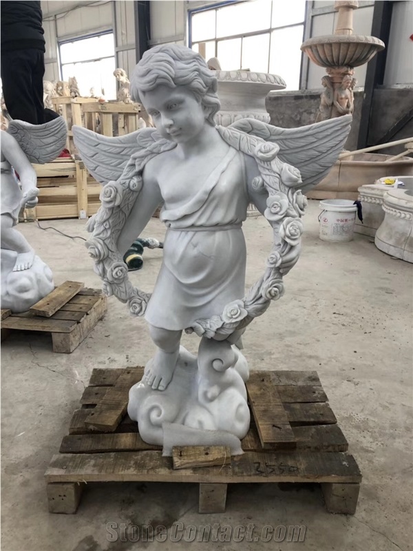 White Marble Handcarved Cherub Statue,Garden Little Boy Sculpture