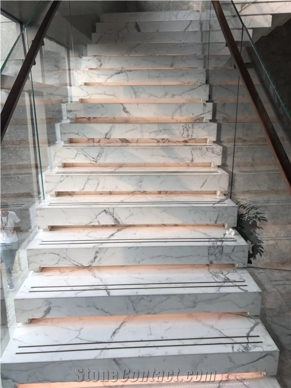 White Marble Tread Step Riser Stair Italy Statuary Calcutta Gold