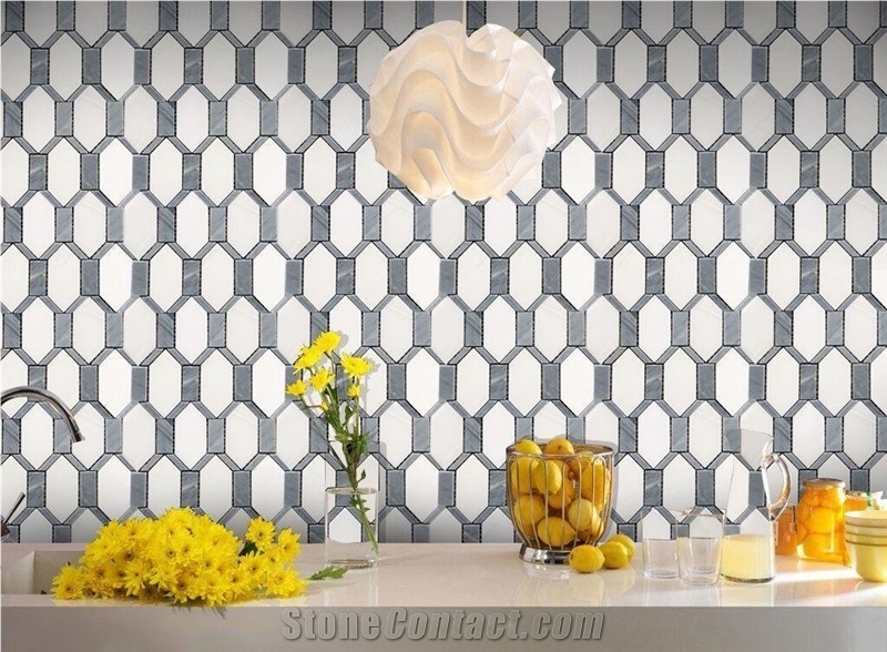 White Mixed with Grey Marble Hexagon Backsplash Mosaic Tiles