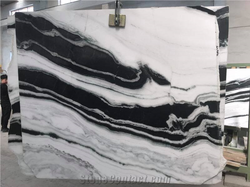 Polished Surface Bookmatched Design China Panda White Marble Big Slabs