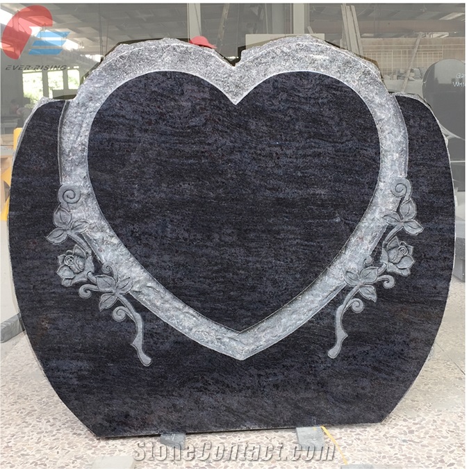 Bahama Blue Granite Heart Rock Pitched Monument with Rose Carved
