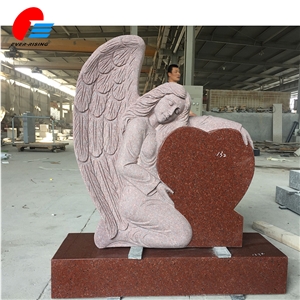 India Red Granite Full Carved Angel Heart Monument