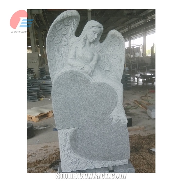 Light Gray G633 Granite Double Heart Angel Monument with Rose Carving