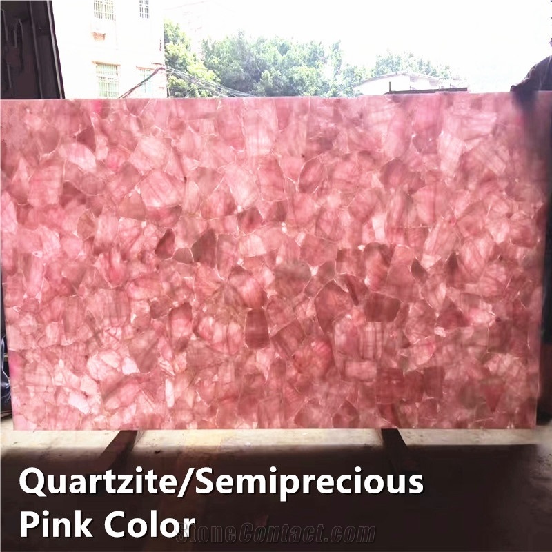 Backlit Pink Quartzite Stone Slabs, Pink Agate Gemstone Semiprecious