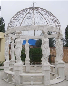 Large White Stone Marble Gazebo Sculpture with Wrought Steel Roof