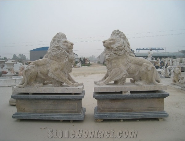 Antique Finish Stone Lions Cream Hand Carved