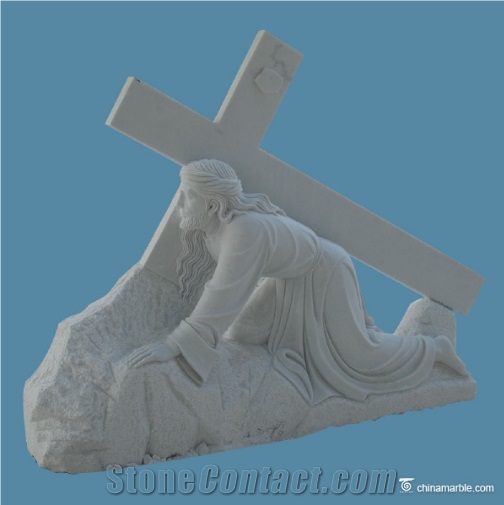 Jesus with Cross Hand Carved Garden Sculpture