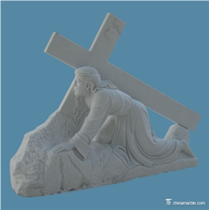 Jesus with Cross Hand Carved Garden Sculpture