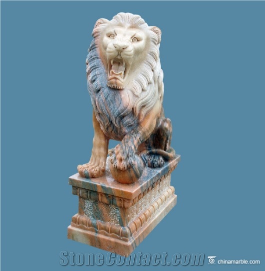 Sitting Lion Pink Marble Hand Carved Sculptures