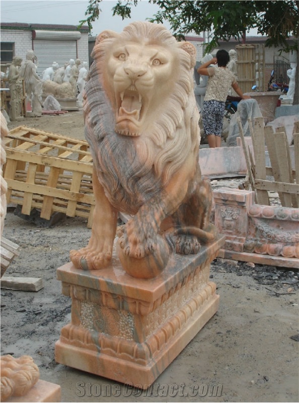 Sitting Lion Pink Marble Hand Carved Sculptures