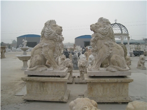 Travertine Lions Cream Outdoor Garden Sculptures