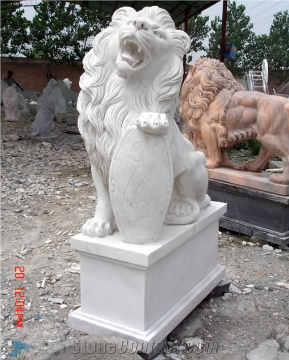 White Marble Lion Hand Carved Outdoor Sculpture