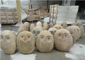 Granites Stones Owls,Beige River Stone Handcrafts Animal Sculpture