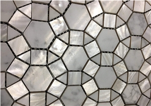 Backsplash Tile Marble Shell and Stone Pattern Mosaic Waterjet Design